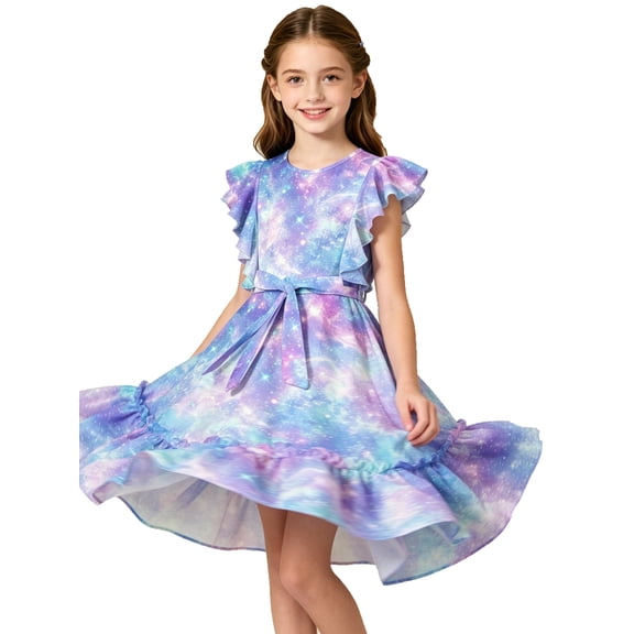 Aideaone Girls Dresses Ruffle Sleeveless A-Line Cute Church Dress Flutter Hem Butterfly Sundress with Belt 7-13 Years