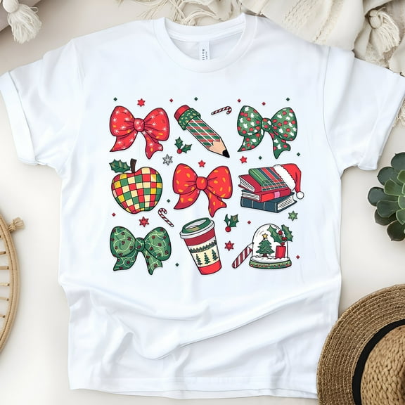 Winter School Theme Shirt – Cute Bows, Apple, Books & Coffee Mug Design, White, Size S
