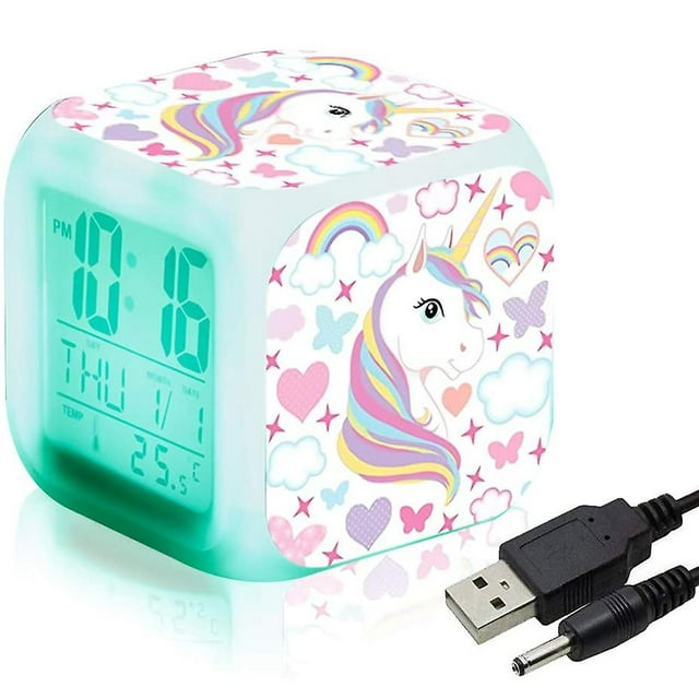 Unicorn Digital Alarm Clocks For Girls, Led Night Glowing Cube Lcd Clock With Light Children Wake Up Bedside Clock Birthday Gifts For Kids Women