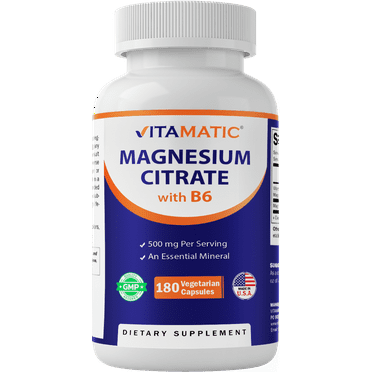 Vitamatic Magnesium Citrate 500mg per Serving - 180 Vegetarian Capsules (Provides 150 mg of Elemental Magnesium) - Added B6 for Maximum Absorption - Supports Muscle, Joint, and Heart Health*