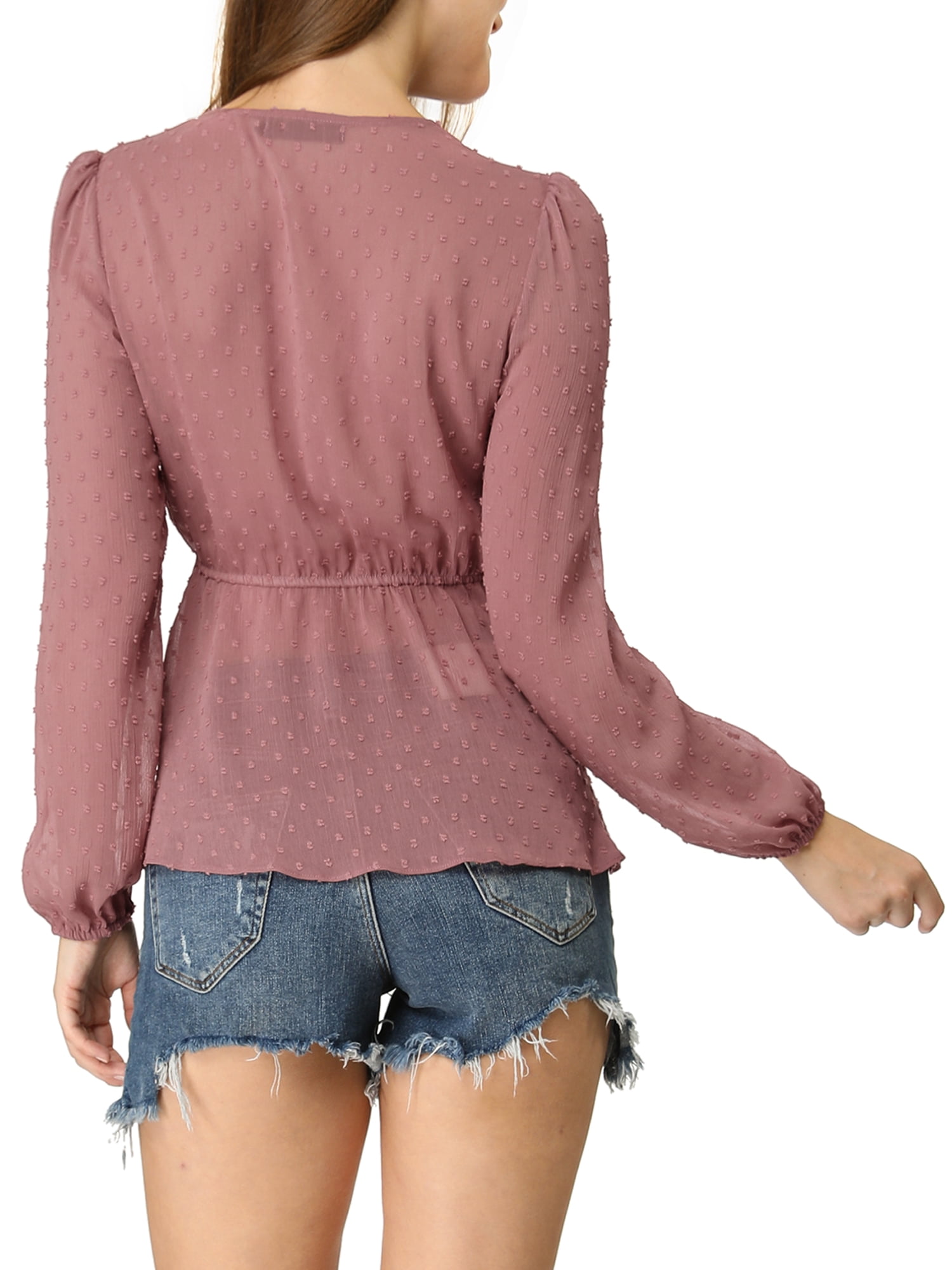 Unique Bargains Women's Deep V Neck Drawstring Ruffled Swiss Dots Sheer Chiffon Top Rose Red XS