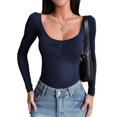 thumbnail image 2 of Women'S Long Sleeve Going Out Tops Pleated Basic T Shirts Cute Sweetheart Neck Y2K Fall Tops Dark Blue S, 2 of 8