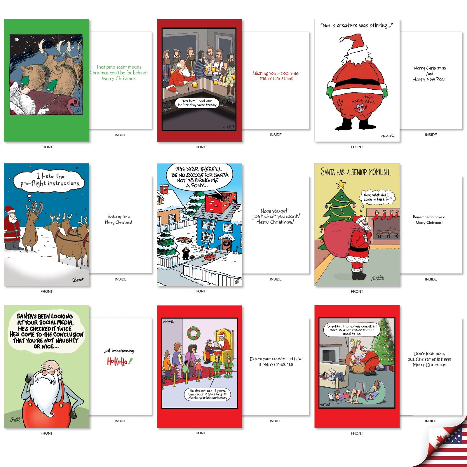 NobleWorks 36 Assorted Box Set Funny Christmas Greeting Cards w/5 x 7 Inch Envelopes (36 Designs, 1 Each) Santa Laughs AC10020XSG-B1x36