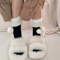 thumbnail image 5 of Milue Women Ribbed Knit JK Plush Ball Bow Faux Lamb Wool Trim Middle Tube Calf Socks, 5 of 20