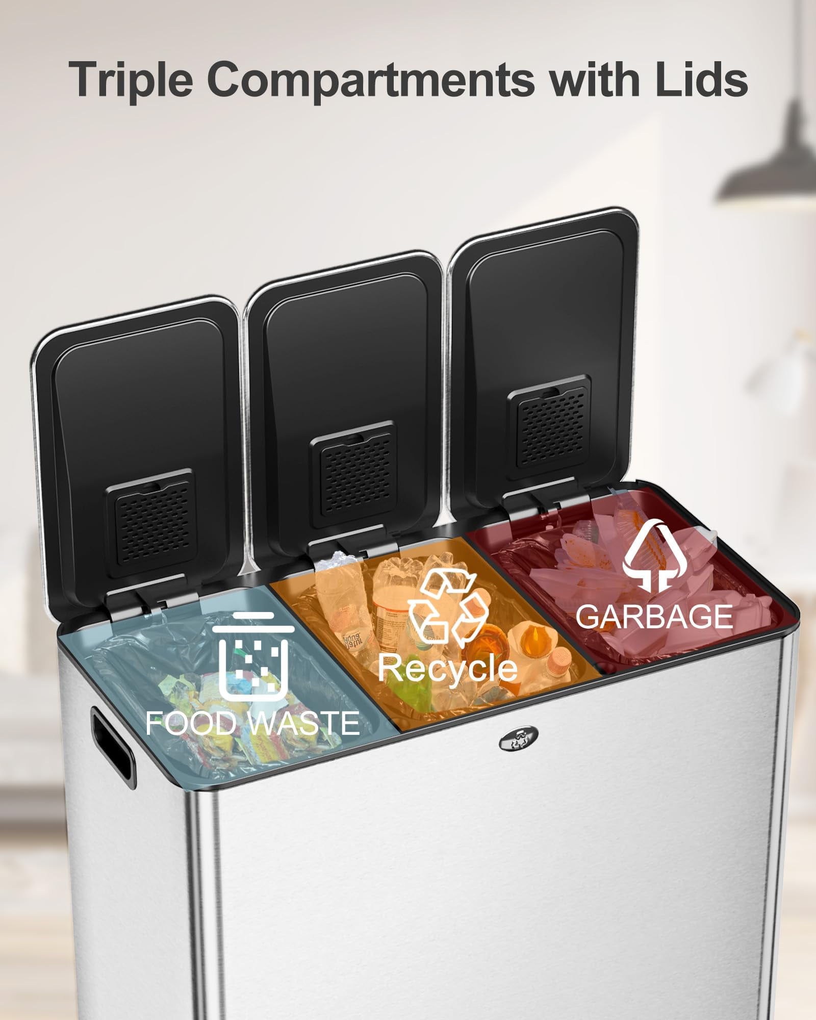 3 x 8 Gallon Kitchen Trash Can,Triple Trash Can with Lid 90 Liters,Stainless Steel 3 Compartment Trash and Recycle Bin Combo with Separated Lid and Foot Pedal Trash Can,Silver,24 Gallon Total