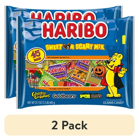 (2 pack) HARIBO Sweet or Scary Halloween Assorted Fruit Flavor Gummy Candy, 21.1oz, 45ct Mini Gummy Pouches