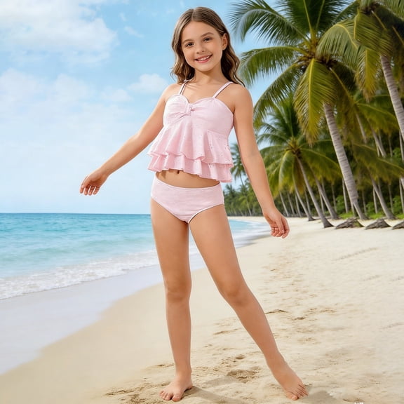 REDARER Girls Eyelet Ruffle Two-Piece Tankini Swimsuit with High Waist Bottom for Teens,7-8 Years