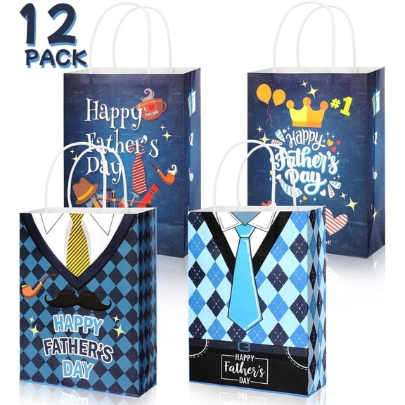 12 Pack Happy Father's Day Gift Bags Blue Father's Day Paper Gift Bags for Dad Theme Party Supplies Gift Bags for Men Dad Papa