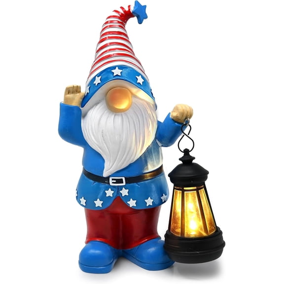 Gift Boutique Patriotic Gnome Garden Statue with Lantern, Red White Blue Resin Indoor Outdoor 11 in Porch Yard Decor