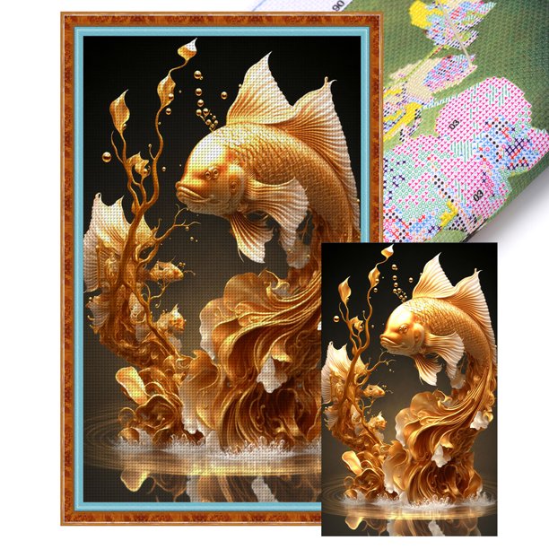 Hilo Algodón Ecológico Bordado Punto Cruz Con Pez Dorado 11CT 40x65cm