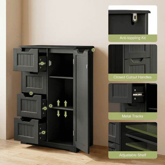 Aiho Bathroom Floor Cabinet Storage Organizer Freestanding Wooden Cupboard with Door Drawers Adjustable Shelf for Small Spaces Laundry Room Kitchen Living Room Bedroom Home Office - Black