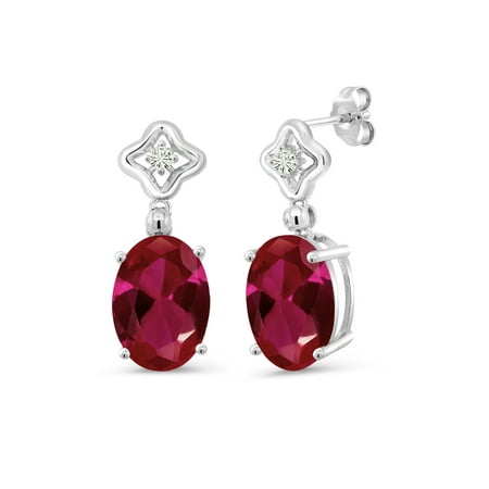 925 Sterling Silver Dangle Earrings Oval Red Created Ruby and Forever Classic Created Moissanite 0.12ct (DEW) by Charles & Colvard