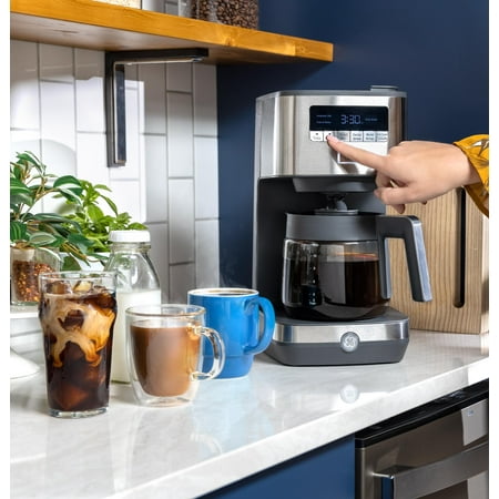 GE - 12 Cup Programmable Coffee Maker with Adjustable Keep Warm Plate and Glass Carafe - Stainless Steel