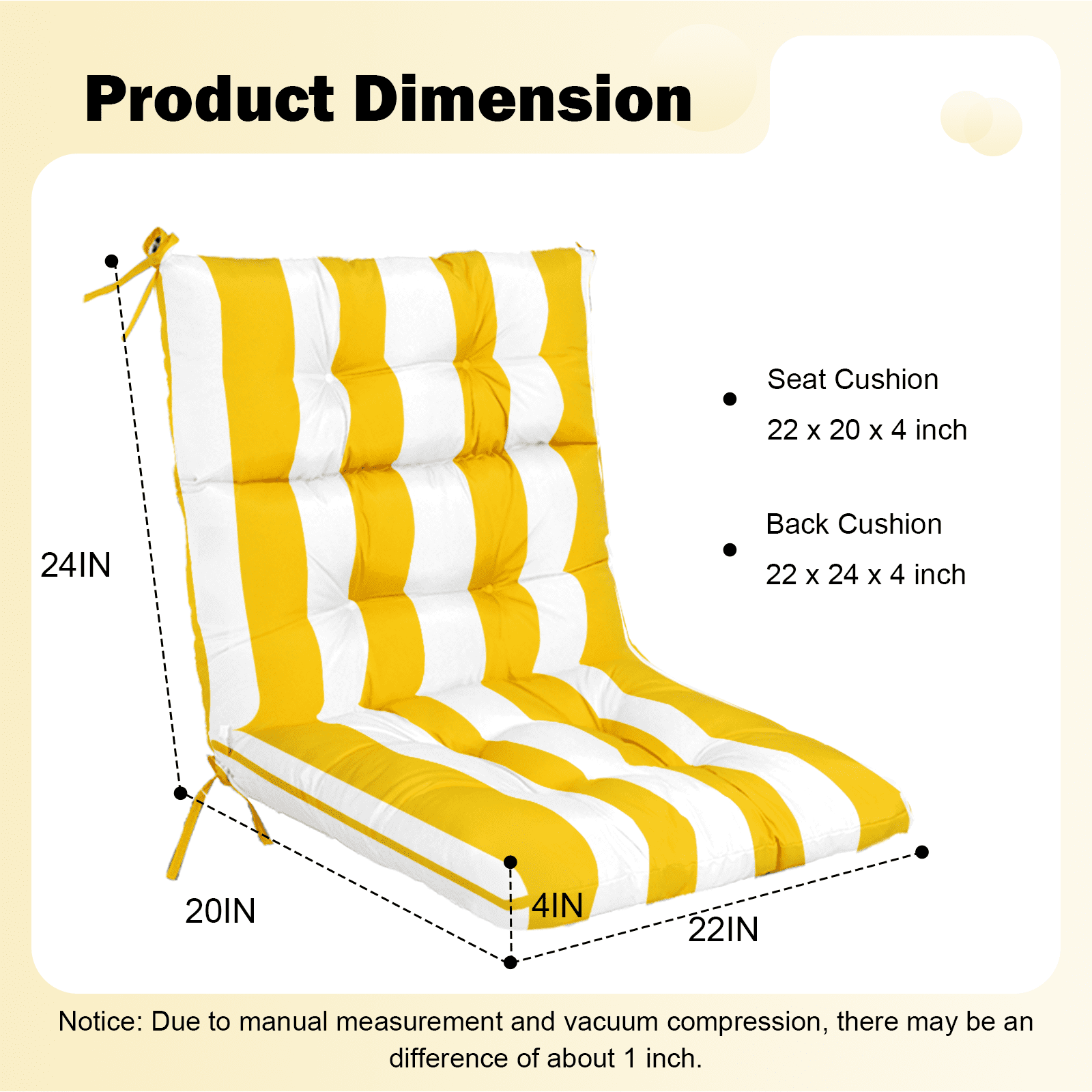 Vacmaster Patio High Back Chair Cushions Set of 2 - Outdoor Dining Chair Pads,Waterproof Replacement Seat Pad,for Rocking and Lounge Chairs,Indoor & Outdoor Furniture Cushions,Bright Yellow Stripes