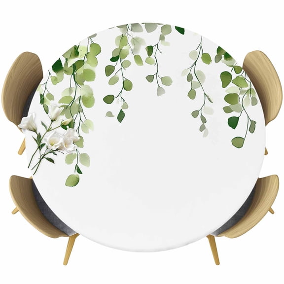 Round Table Cover 45-54 Inch Green Eucalyptus Leaves Waterproof Reusable Table Cloth Round Fitted Vinyl Tablecloth with Elastic Edged for Parties Outdoors, Weeping Spring Botanical Summer