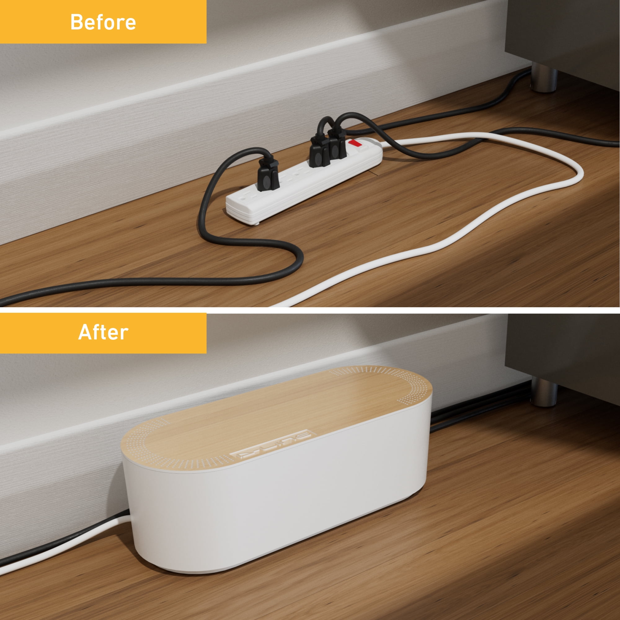 D-Line Cable Management Box, Hide Power Strips & Cords - Small, White with Wood-Lid
