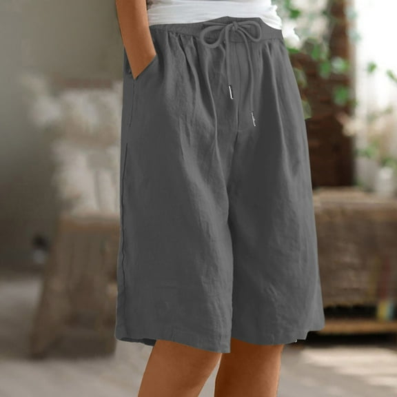 Women's Knee Length Loose Wide Leg Cotton Linen Shorts with Pockets Elastic Waist Casaul Plain Long Summer Bermuda Cargo Work Shorts Dark Gray L