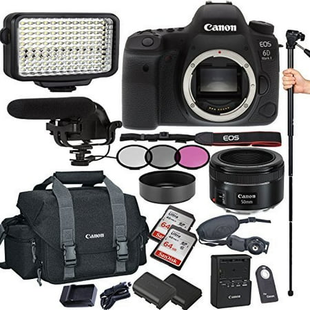 Canon EOS 6D Mark II 26.2 MP CMOS DSLR Camera with EF 50mm F/1.8 STM Prime Lens   Filters   Lens Hood   Monopod   128GB Memory   Led Video Light   Microphone   Canon Case   Extra Battery & Charger