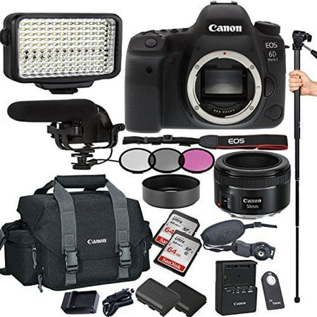Canon EOS 6D Mark II 26.2 MP CMOS DSLR Camera with EF 50mm F/1.8 STM Prime Lens , Filters , Lens Hood , Monopod , 128GB Memory , Led Video Light , Microphone , Canon Case , Extra Battery &