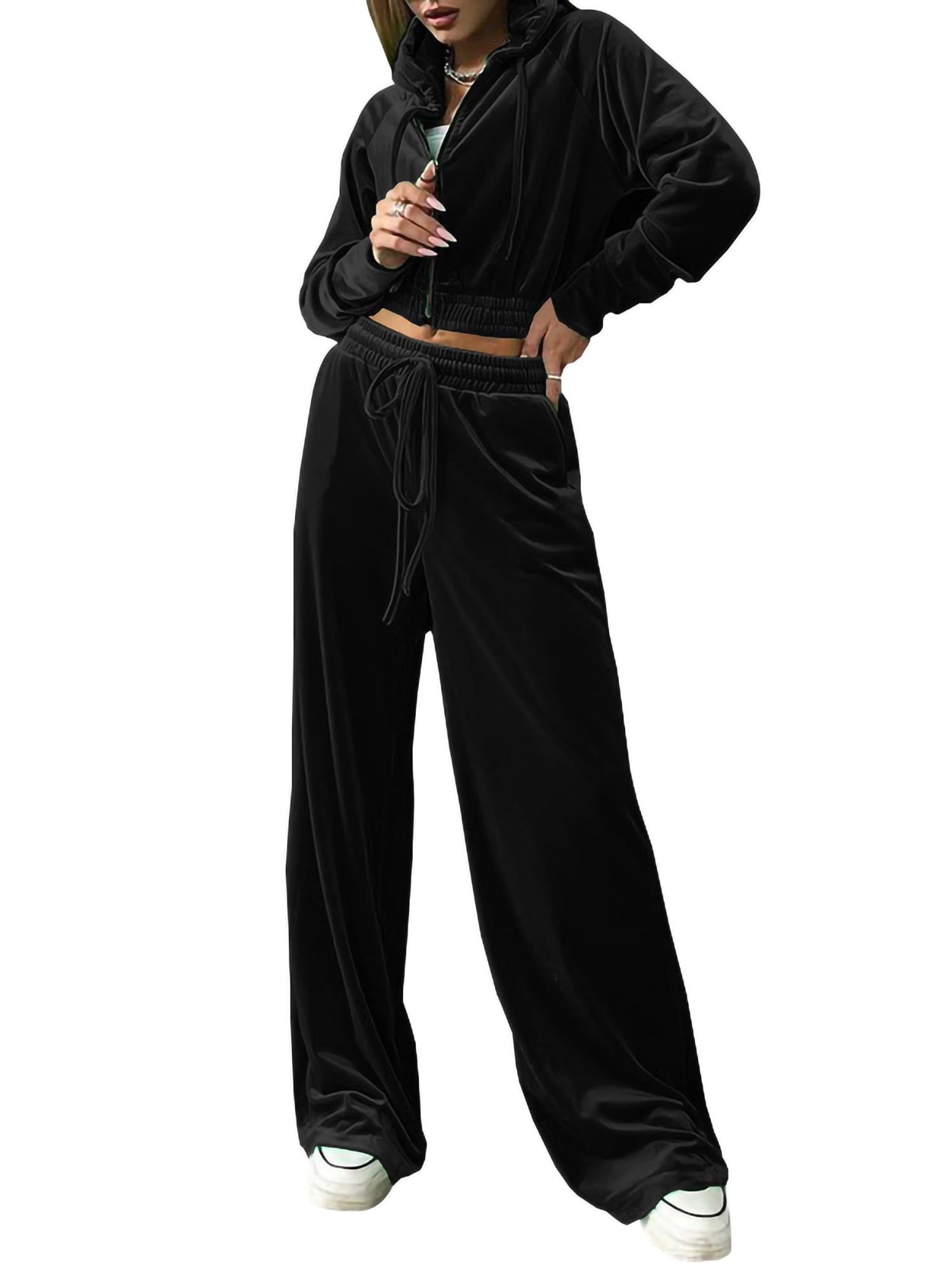 One opening 2 Pcs Women's Casual Velvet Tracksuits Crop Long Sleeve