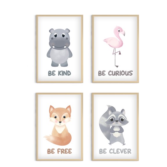 Awkward Styles Wild Baby Animals Portrait Set of 4 Woodland Nursery Art Kids Playroom Posters Baby Girl Boy Bedroom Decor Ideas Pink Flamingo No Frame