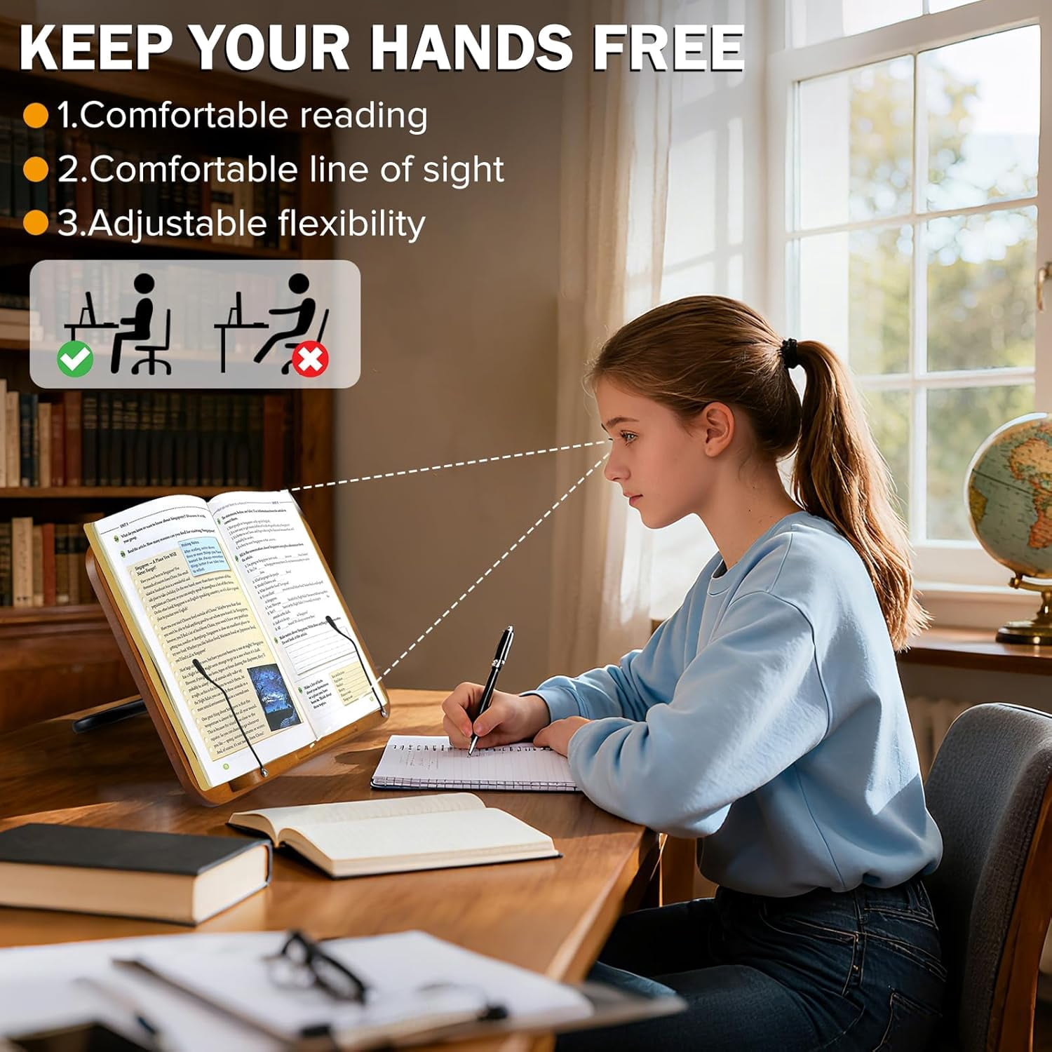 2-in-1 Dual-use Floor & Desktop Book Stand, Heavy Duty Wooden Music Stand with Adjustable Height from 16.5" to 51", Book Holder with Elastic Page Clips & Tray for Cookbook,Magazine,Laptop, Projector