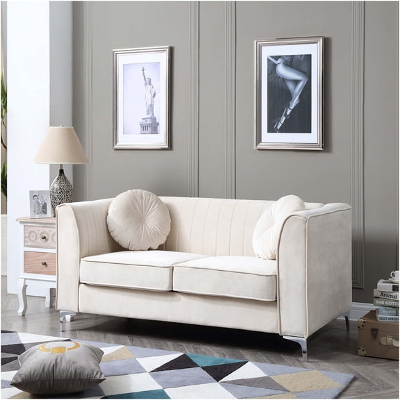 JERFIT Modern Velvet Loveseat Sofa, Ivory Plush Upholstered 2-Seater Couch for Living Room, Apartment, Lounge