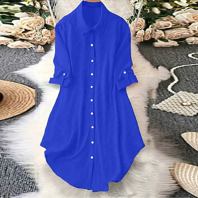 Soki Robe Chemise Boutonnée pour Femmes avec Poches, Col Oversize, Manches Longues, Tunique Asymétrique