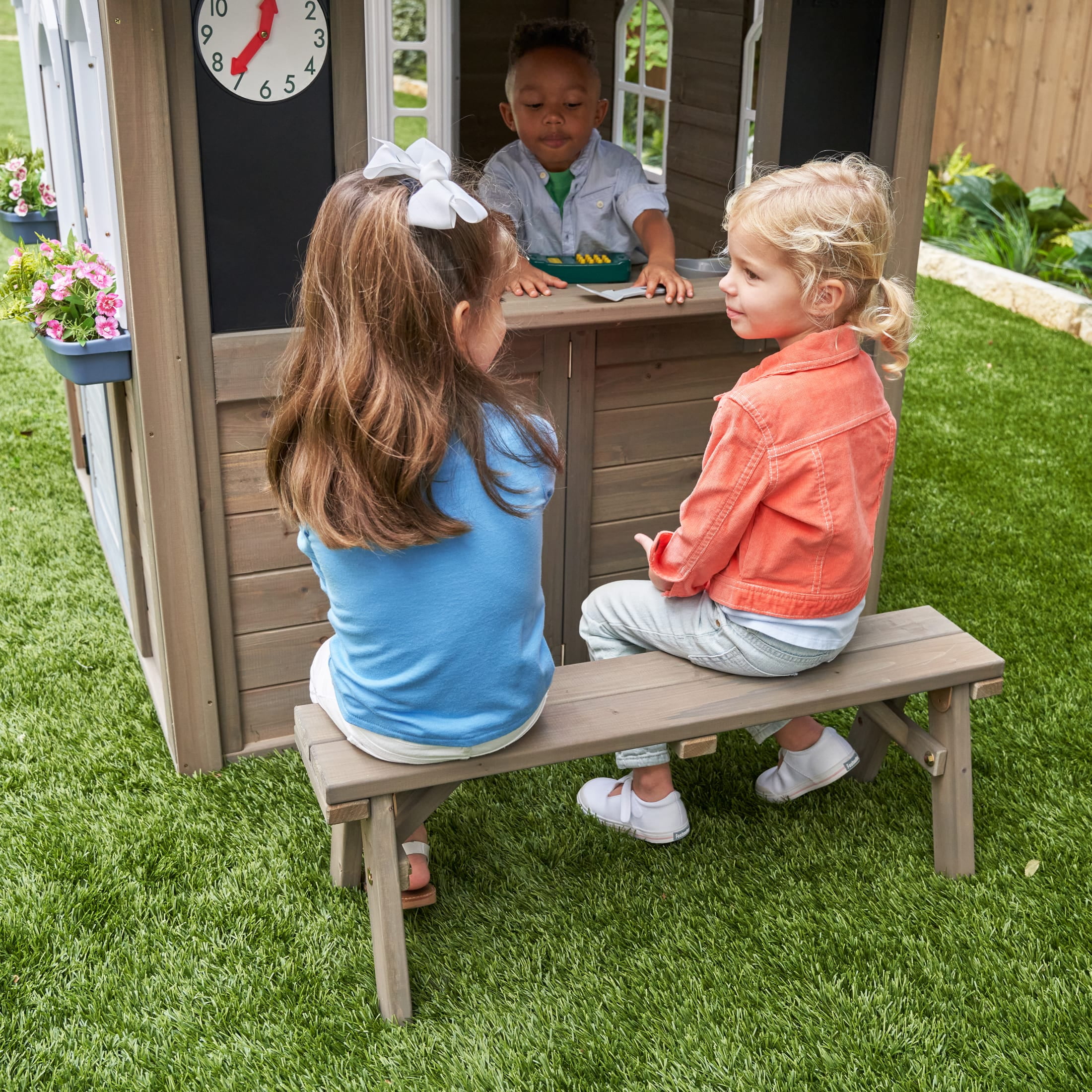 KidKraft Forestview II Wooden Outdoor Playhouse with Ringing Doorbell, Bench and Kitchen