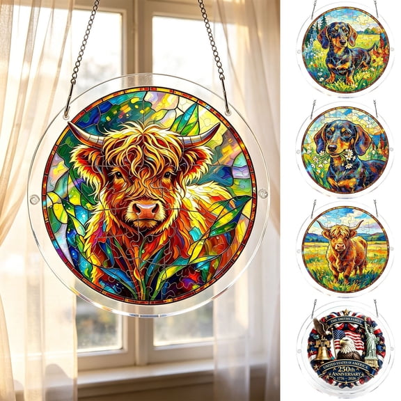 Acrylic Puzzles Suncatcher Window Hanging, Sun Catcher Acrylic Puzzle Decoration for Women Men, DIY Suncatcher Kits for Adults Home Decor (Highland Cattle)