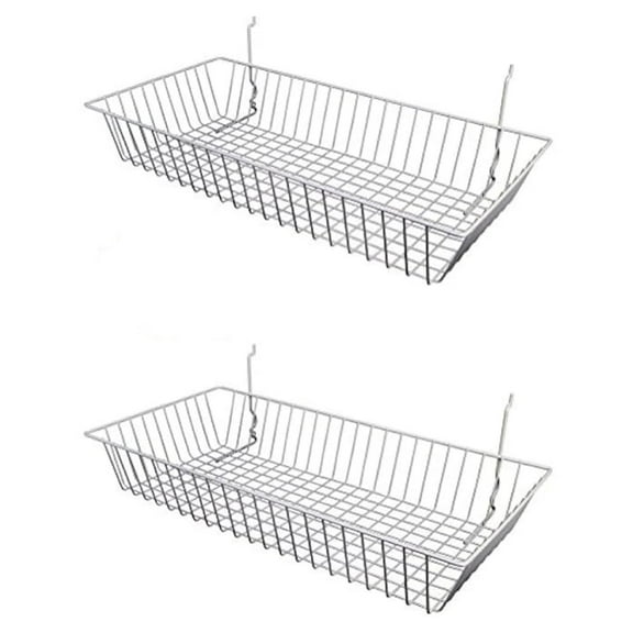 White Wire Baskets for Slatwall and Gridwall (Set of 2), Merchandiser Baskets,for Retailers or Home Use, White Vinyl Coated Wire Baskets, 24” L x 12” D x 4” H, Shallow Baskets