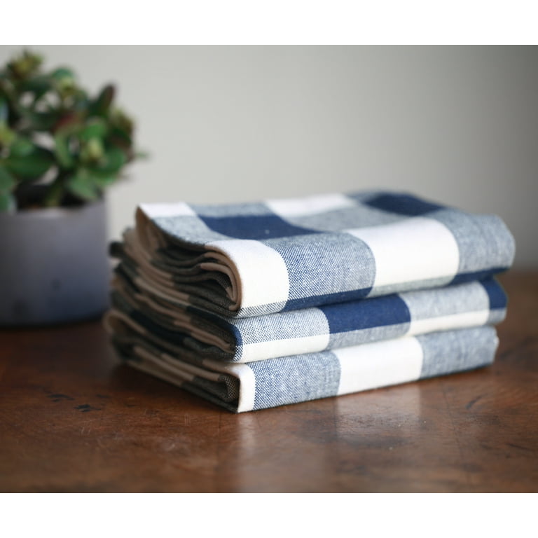 All Cotton and Linen Kitchen Towels, Cotton Dish Towels, Buffalo Check  Farmhouse Tea Towels Navy/Cream Set of 3 (18 x 28)