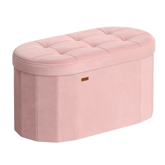 SONGMICS MAZIE Collection - Folding Ottoman with Storage, Oval Storage Ottoman Bench, End of Bed Bench, for Living Room, Bedroom, Velvet Fabric, 15 x 30 x 15 Inches, Jelly Pink