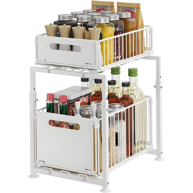 Organizador para Bajo Fregadero 2 Niveles, Organizador Bajo Fregadero con Cajones Deslizantes Estante Metálico Ajustable en Altura para Cocina y Baño