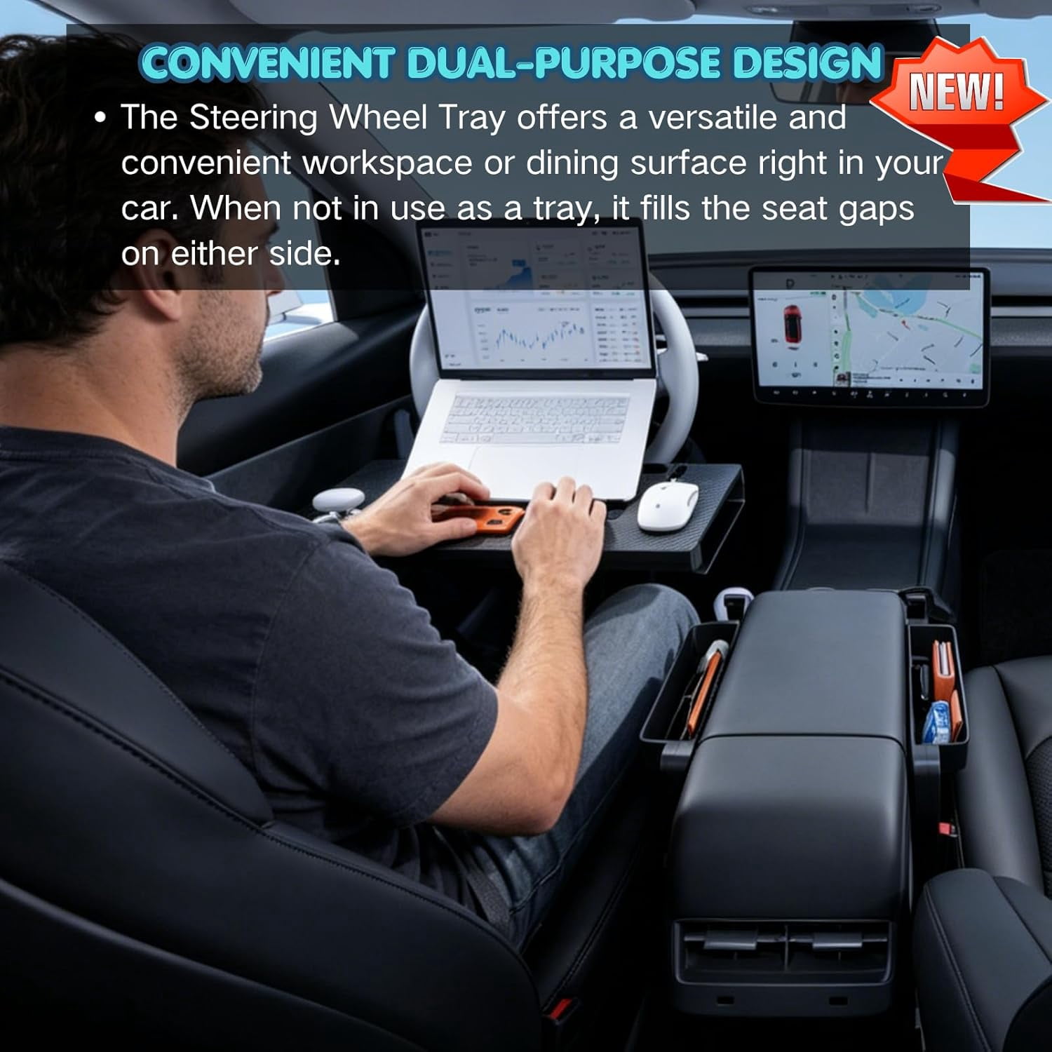AUEOTUAR Carbon Fiber 3-in-1 Steering Wheel Tray Table & Car Seat Gap Filler Organizer | Foldable Adjustable Desk for Laptop, Eating & Work | Universal Car Office Accessories for Drivers, Women & Men