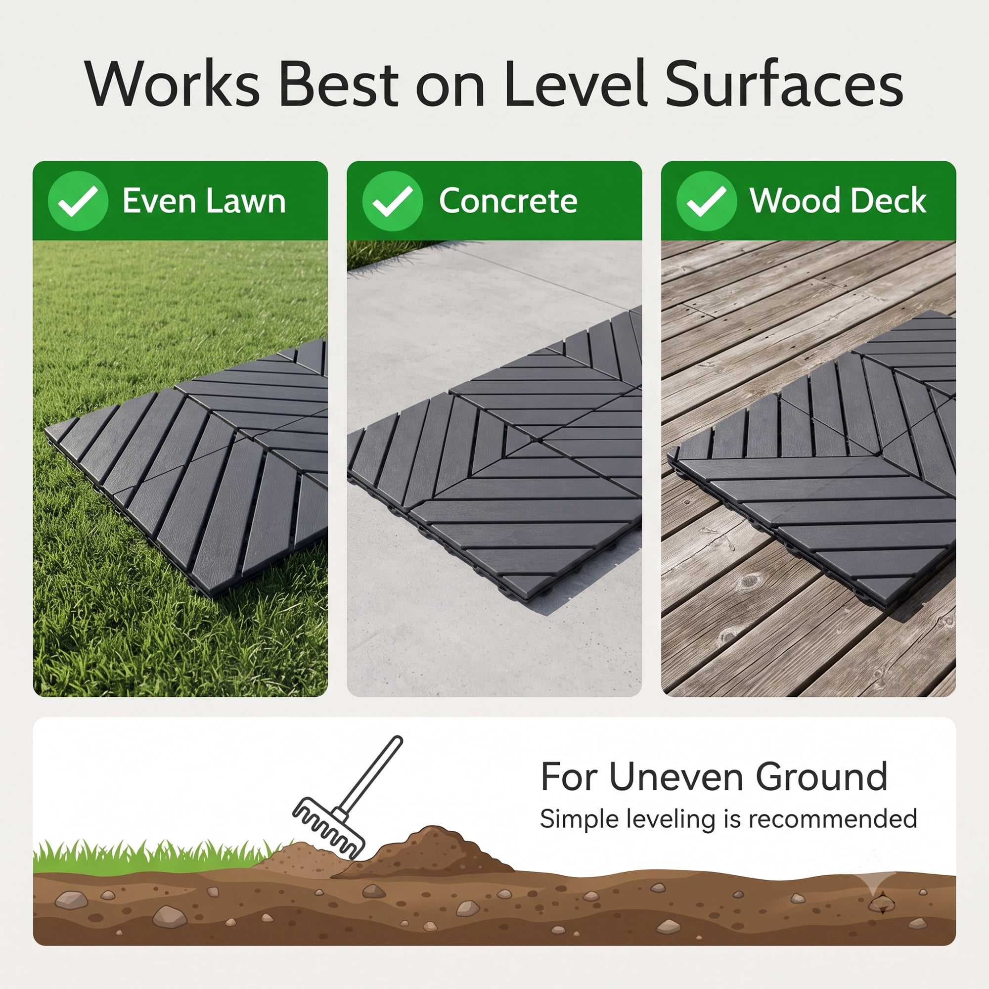 Plastic Interlocking Deck Tiles, 44 Pack 12"x12" Waterproof Non-Slip Outdoor Patio Flooring, Drainable Snap Together Decking Tiles for Poolside, Porch, Garden, Backyard & Shed Floor, Grey