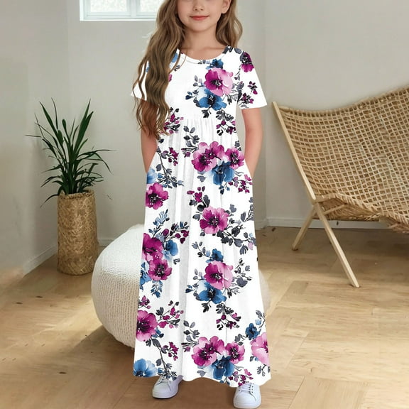 Fatuov Girls Printed Dress Loose Fit Comfort Long Dress with Pocket Crew Neck Summer Dress for Beach Size 12-13 Years