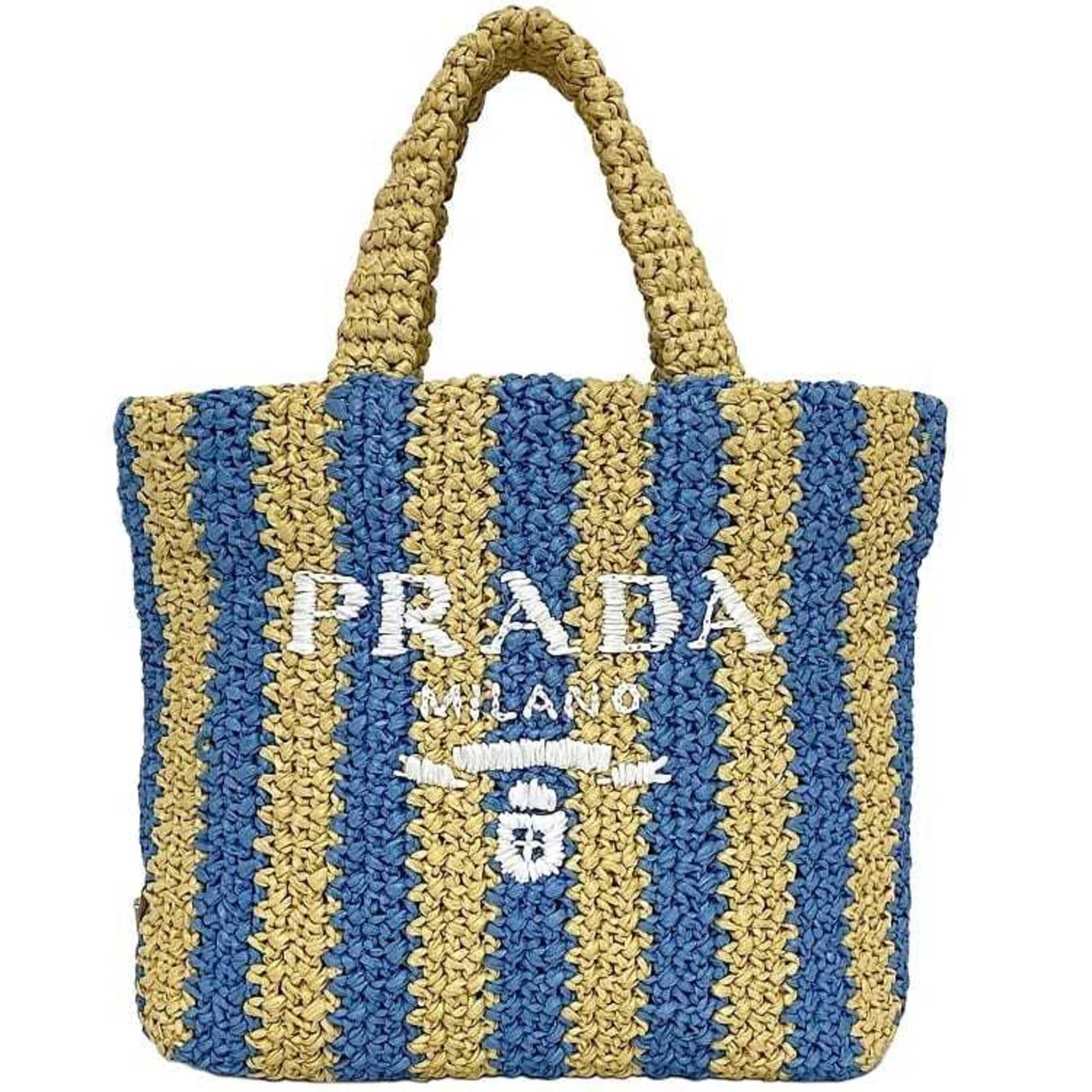 【PRADA】セール 1BG422 ラフィア トートバッグ Pre-Owned Prada tote bag beige blue stripe raffia 1BG422 f