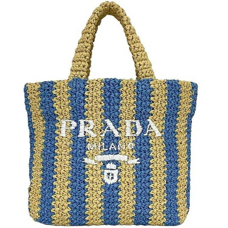 Pre-Owned Prada tote bag beige blue stripe raffia 1BG422 f-20617