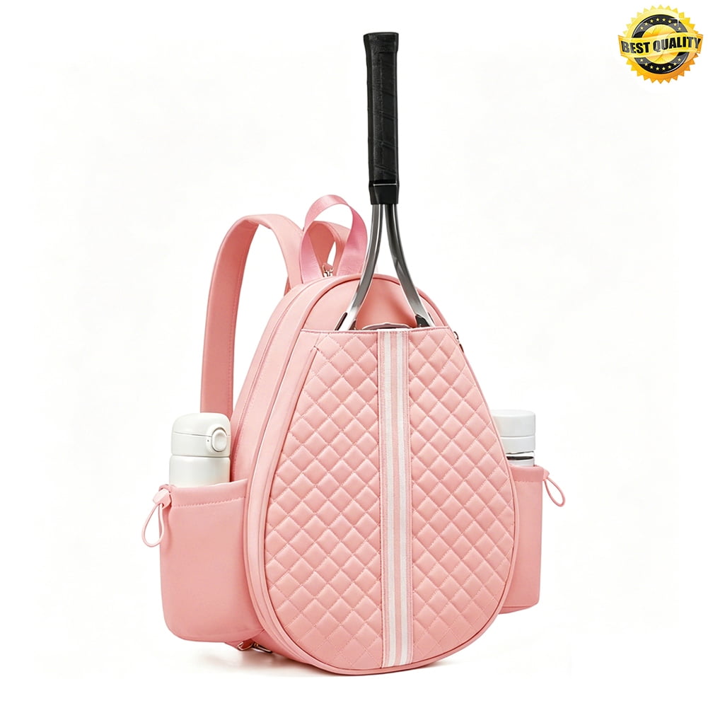 HUISZJ Tennis Bag, Water Resistant Quilted Tennis Sling Backpack with Water Bottle Holder, 16.54x12.6x1.85 inch Badminton Racket Bag for Women Men (Pink)