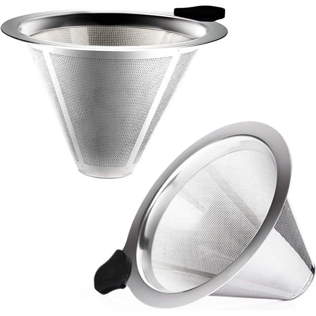 WWS-Pour Over Coffee Filter with Stand, Reusable Paperless Coffee Filter, Stainless Steel Cone Coffee Dripper for Chemex, Carafes and Coffee Makers, Double-Layer Mesh Design (3-4cups, 2pcs)