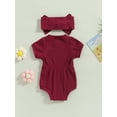 thumbnail image 5 of VOLTEY Toddler Baby Girls Summer Romper Clothes Set, Solid Color Ribbed Short Sleeve Romper with Bow Headband Outfits for Infant Girls ,0-18 Months, 5 of 9