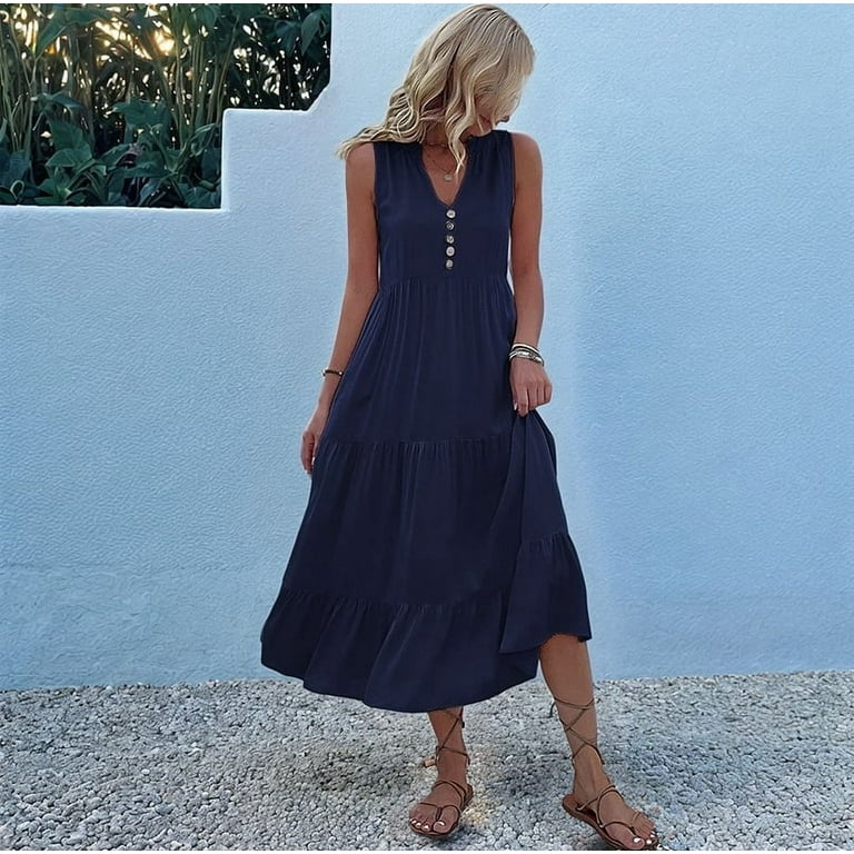 Summer Flowy Maxi Dress with Pockets Sleeveless Loose Casual Sundress  V-Neck Tiered Sun Dress for Beach Cruise Vacations Navy Blue L - Walmart.com