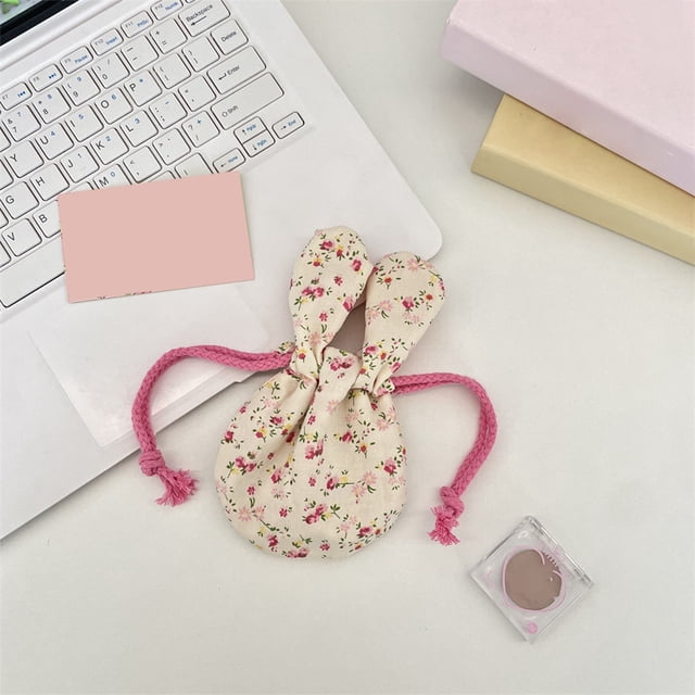 Sokhug Cute Bunny Ear Floral Drawstring Storage Bag, Portable Small Pouch for Accessories Easter Gift
