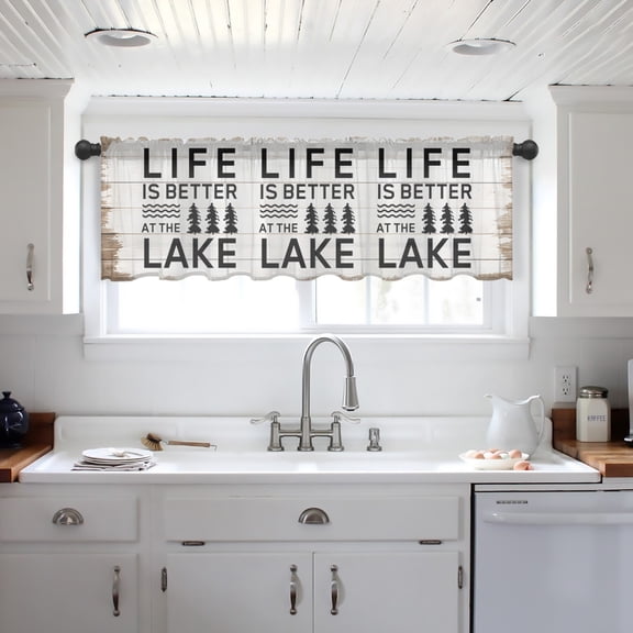 Life Is Better at The Lake Valance Curtains for Kitchen/Living Room/Bathroom/Bedroom Window,Rustic Black Artistic Aesthetics Rod Pocket Small Topper Half Short Window Curtains Sheer Scarf 54"x18"
