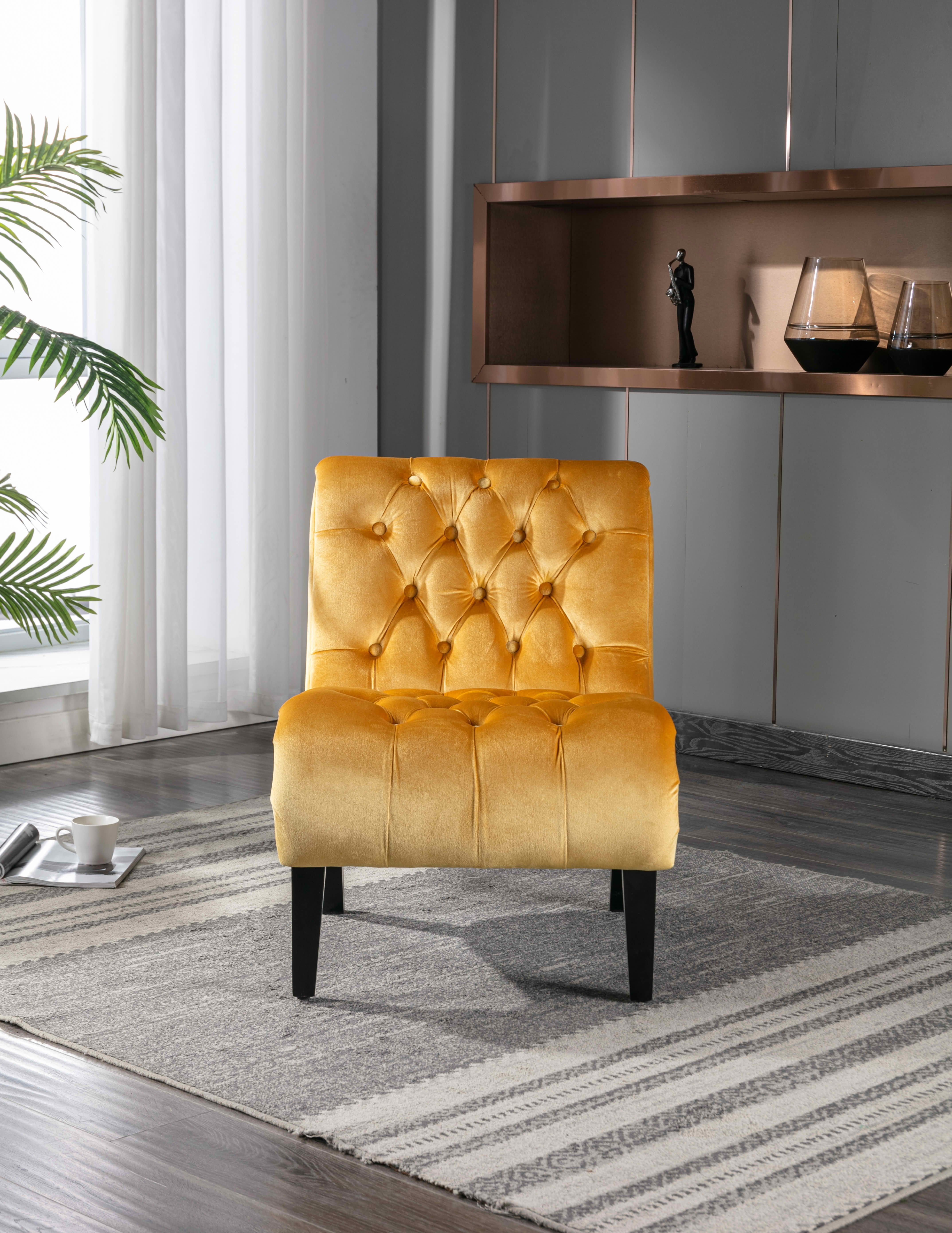 MAYEERTY 22.83-Inch Velvet Button Tufted Armless Accent Chair, Upholstered Leisure Side Chair with Wooden Legs for Bedroom Living Room Office