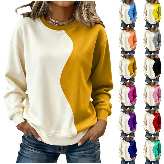 HomeDM Women's Sweatshirts Long Sleeve, Crew Neck Casual Shirts Color Block Pullover Tops - Orange/L