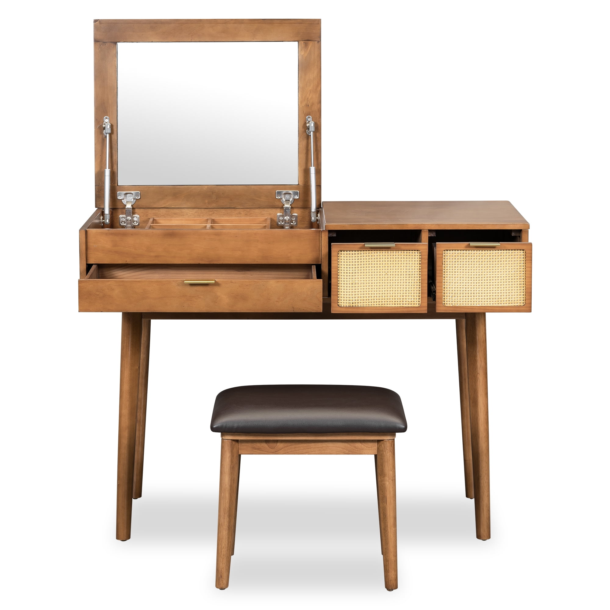 Makeup Vanity Table, With Flip Top Mirror Stool And 3 Drawers, Solid Wood Dressing Table, Rattan Design Upholstered Stool For Bedroom, Brown
