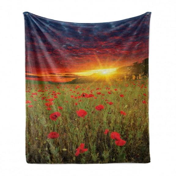 Flower Soft Flannel Fleece Throw Blanket, Meadow with Grass and Poppies Dark Dramatic Sky in the Background, Cozy Plush for Indoor and Outdoor Use, 50" x 70", Green Scarlet Cadet Blue, by Ambesonne