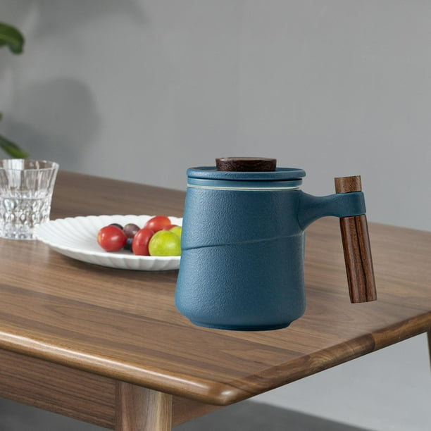 Taza de té con infusor y tapa, taza de infusor de té, taza de colador de té con mango de palisandro para té suelto, taza de cerámica para remojar té, Azul Baoblaze Taza con tapa